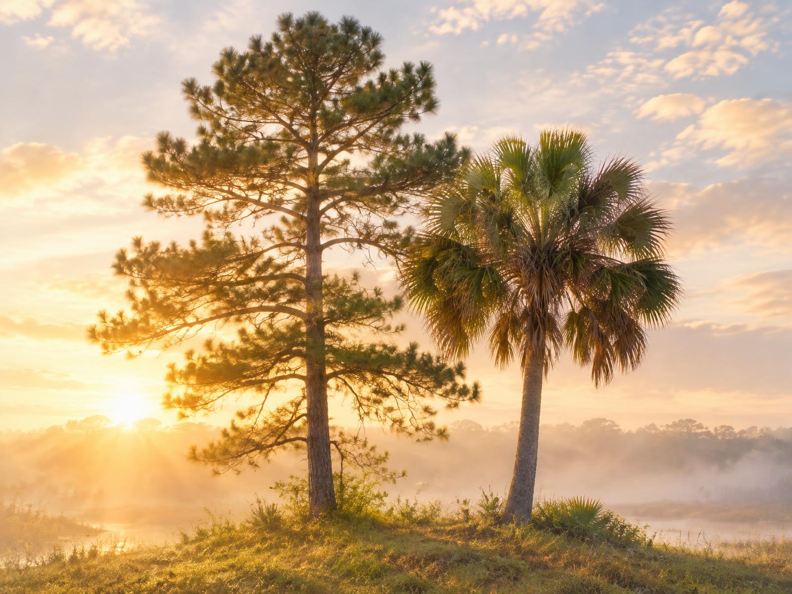 A pine tree and a palm tree standing side by side in soft morning light